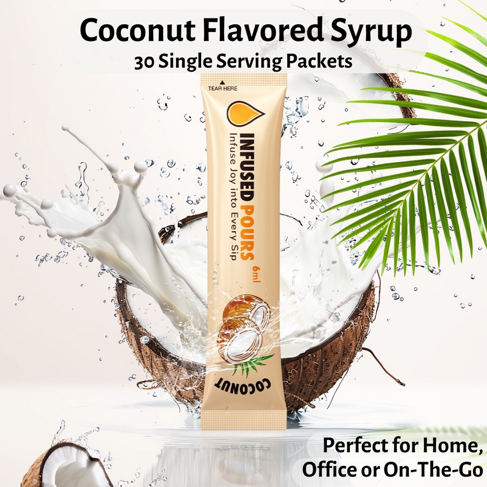 Single-serve coconut syrup packet labeled perfect for home, office, or on the go