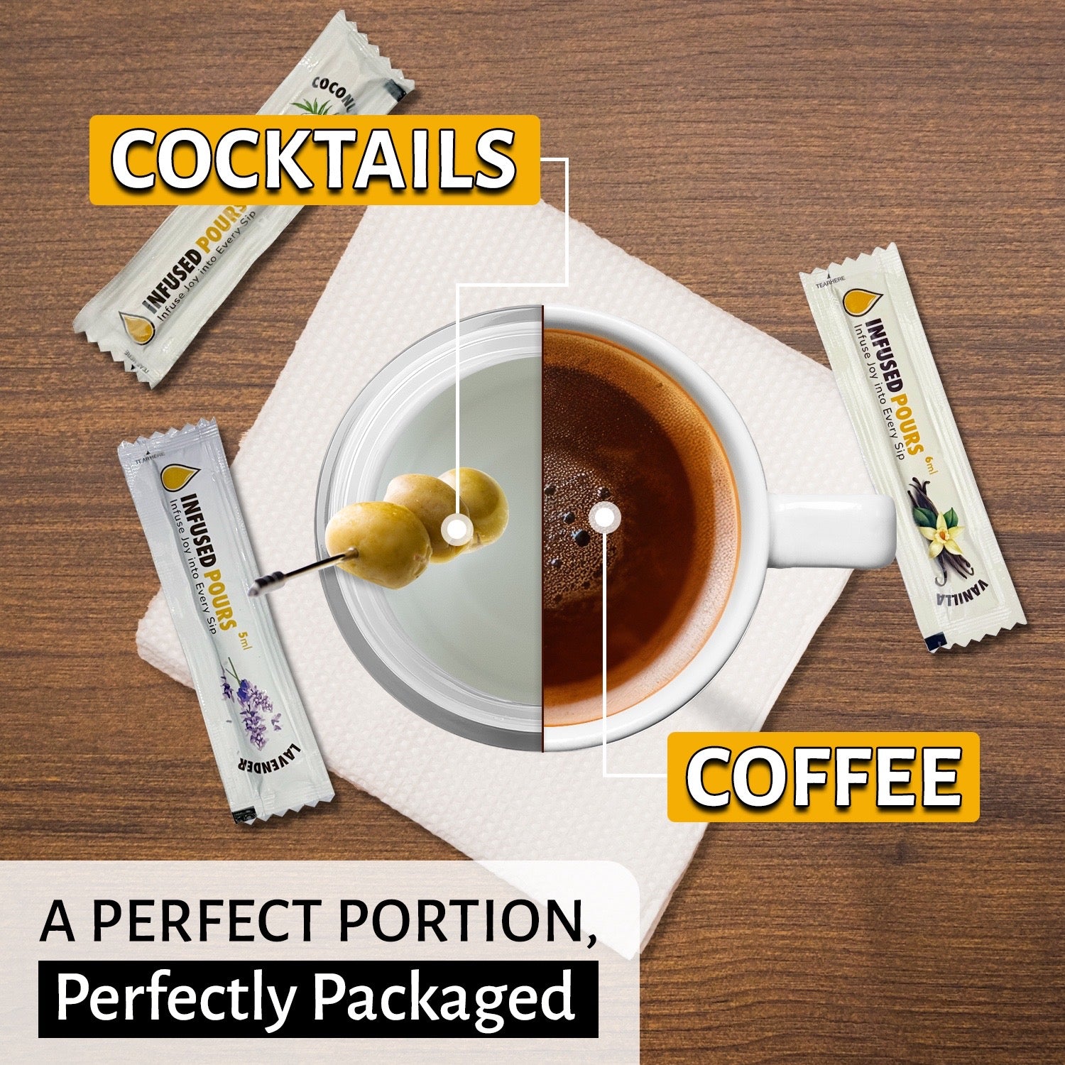 Coffee and cocktail glass with Infused Pours slogan 'A Perfect Portion, Perfectly Packaged' – single  serving syrup packets.