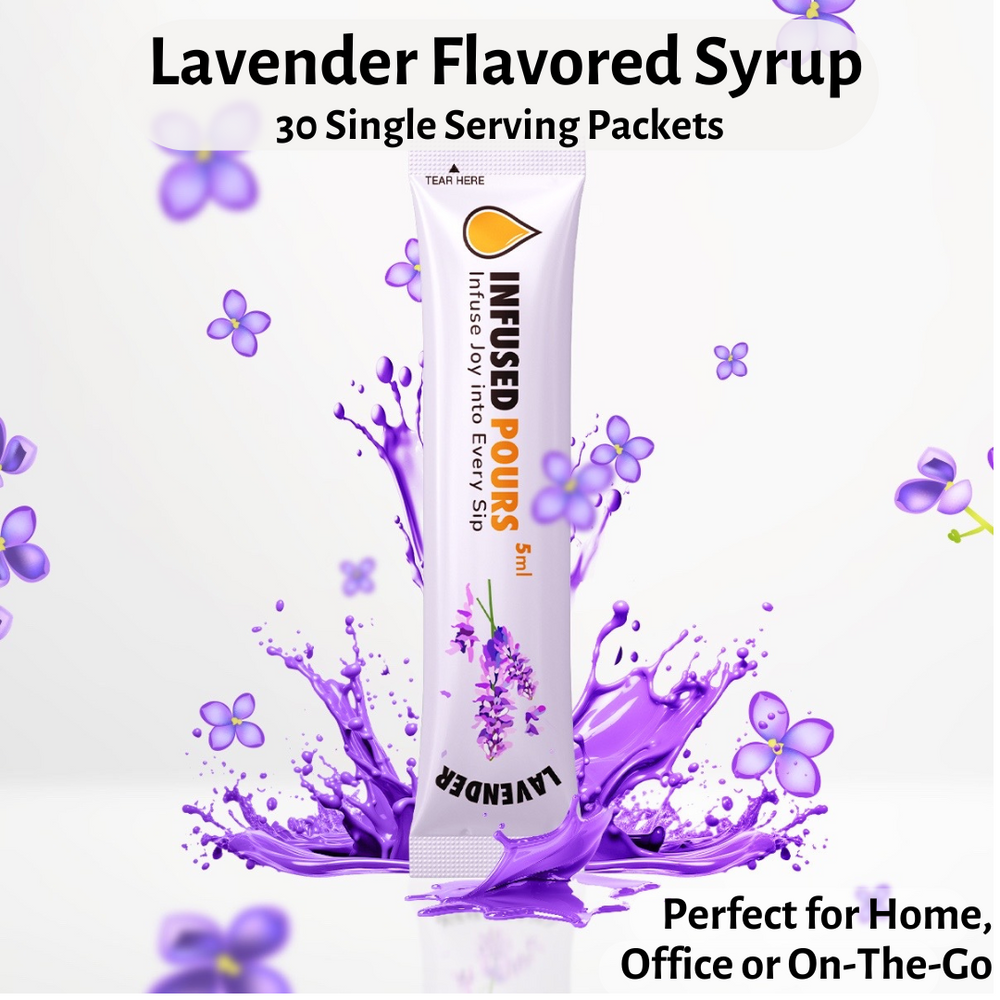 Single-serve lavender syrup packet labeled perfect for home, office, or on the go