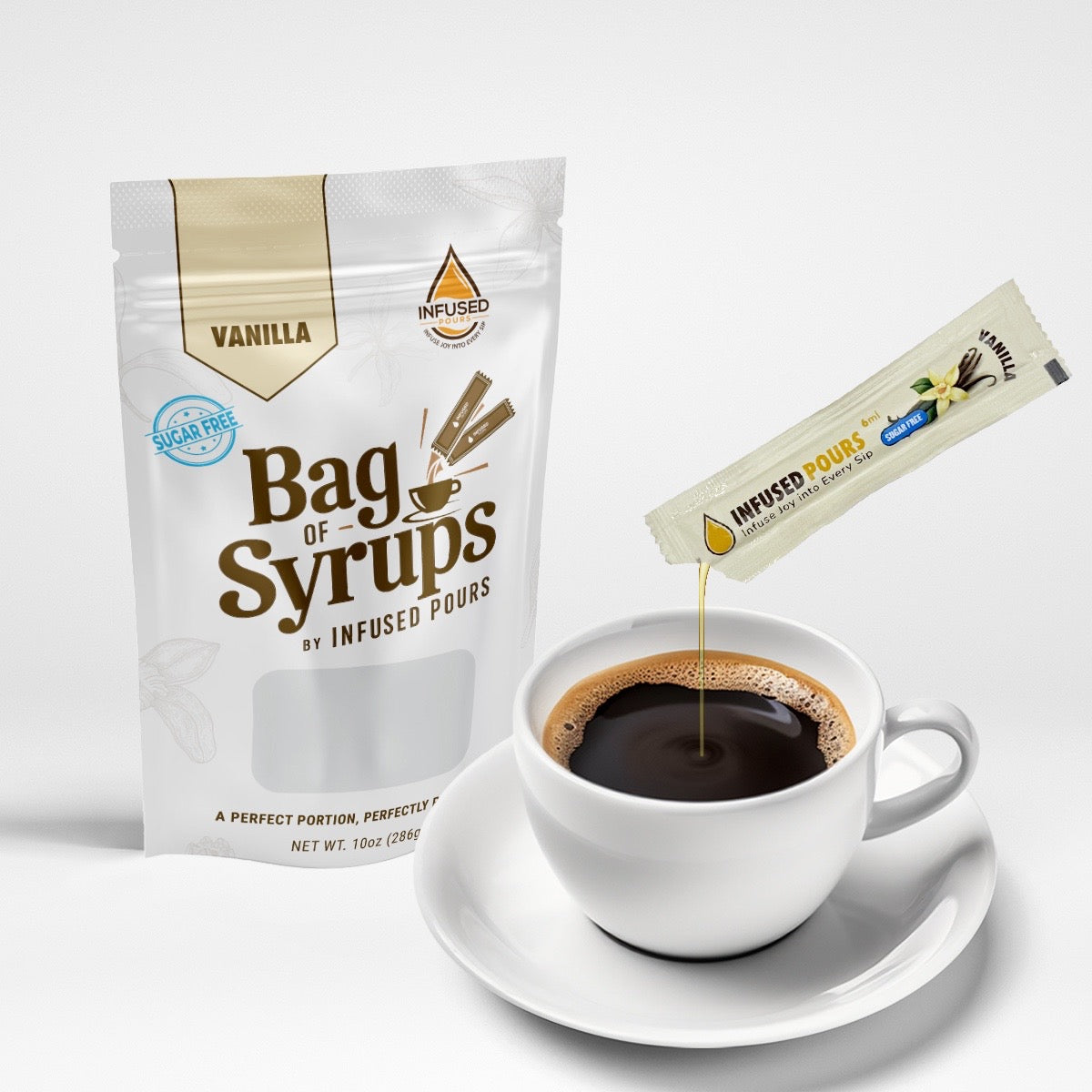 Sugar-free vanilla coffee syrup packet pouring into a fresh cup of coffee – single-serve convenience for home or travel.