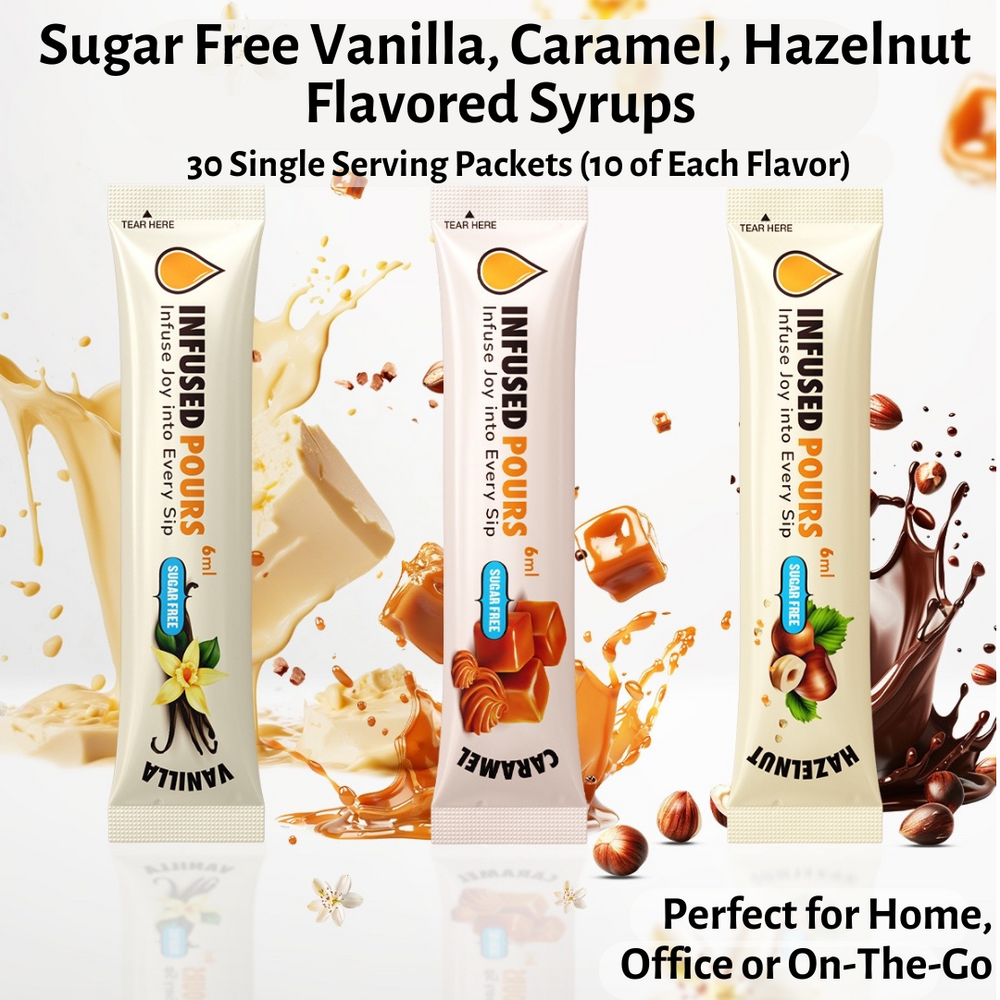 Single-serve variety syrup packet labeled perfect for home, office, or on the go