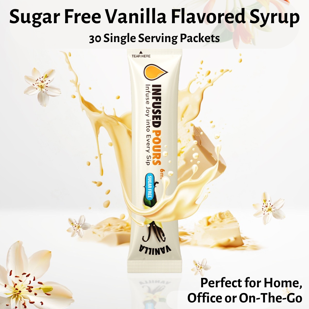 Sugar-free vanilla syrup packet labeled 'Perfect for Home, Office, or On the Go' – portable flavor for coffee and cocktails.