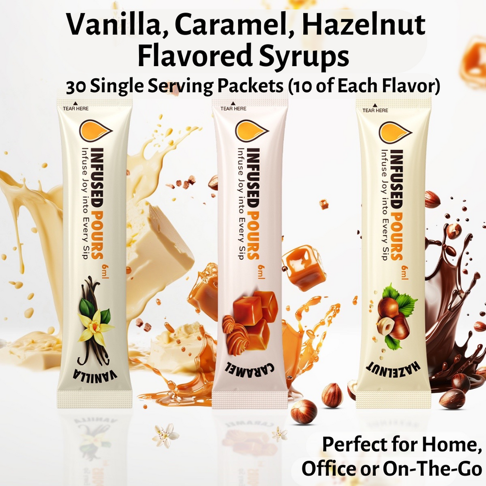 Single-serve variety syrup packet labeled perfect for home, office, or on the go