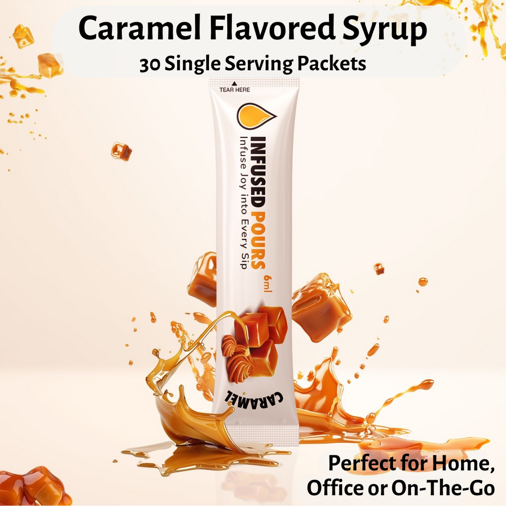 Single-serve caramel syrup packet labeled perfect for home, office, or on the go