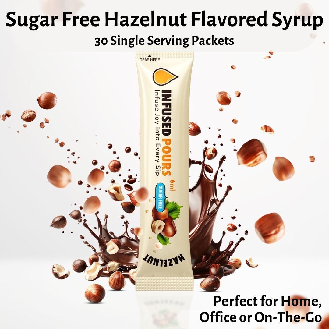 Single-serve hazelnut syrup packet labeled perfect for home, office, or on the go