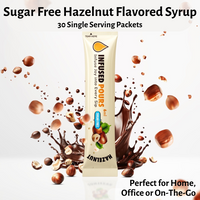Single-serve hazelnut syrup packet labeled perfect for home, office, or on the go
