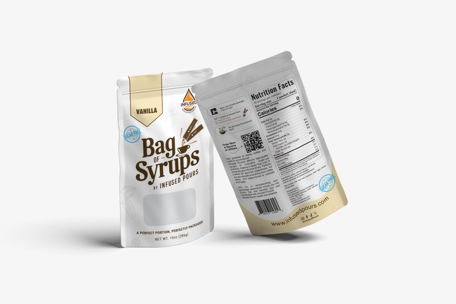 Resealable bag of 30 sugar-free vanilla syrup packets by Infused Pours – easy storage and retail-ready display.