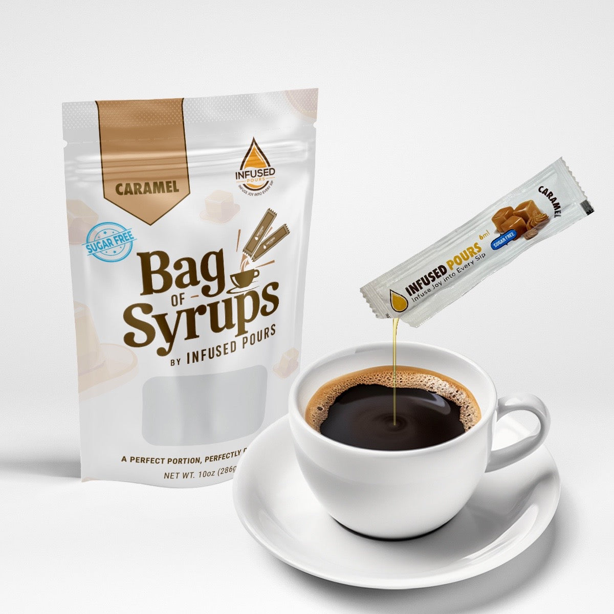Infused Pours Sugar-Free Caramel Syrup Packets in Resealable Pouch | Single-Serve Coffee & Cocktail Flavoring 30 packets
