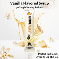 Single-serve vanilla syrup packet labeled perfect for home, office, or on the go